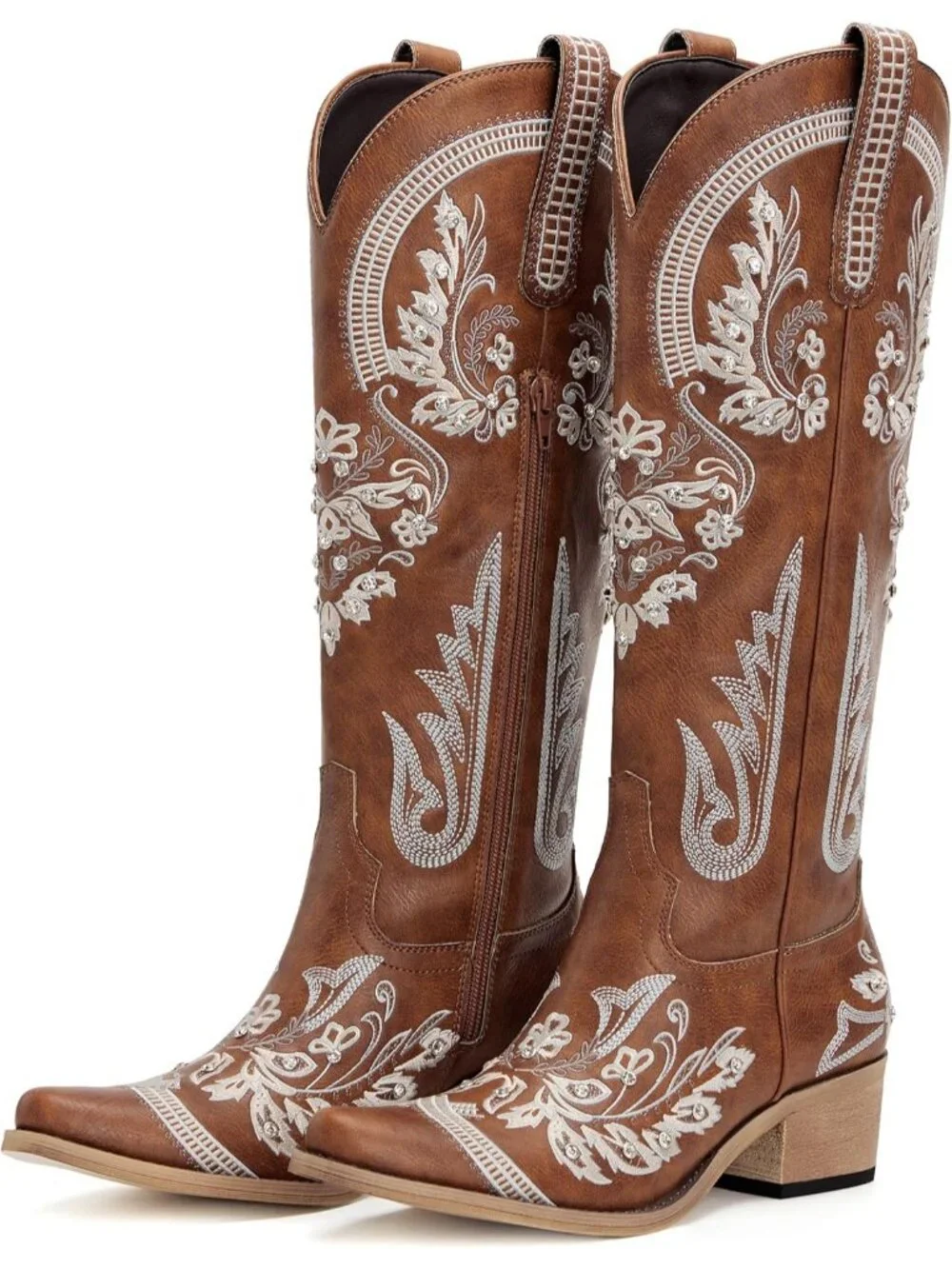 Women's Brown Knee High Embroidered Rhinestones Chunky Heel Tall Boots
